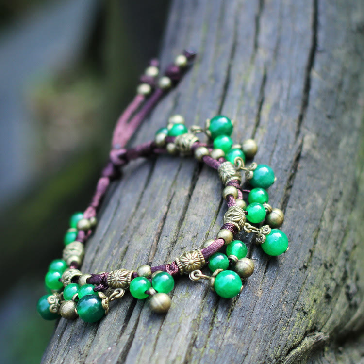 Bracelet de cheville tissé en perles d'agate rouge et de jade vert Olivenorma