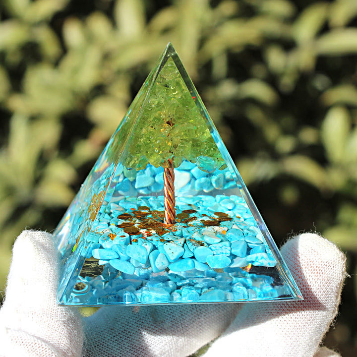 Pyramide d'orgone de l'arbre de vie en amazonite et péridot Olivenorma