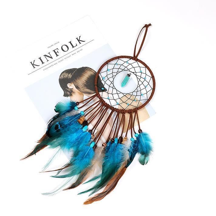 Attrape-rêves traditionnel en plumes turquoise fait main Olivenorma