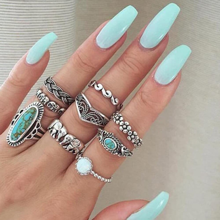 Ensemble de 8 bagues en feuille d'éléphant turquoise et opale Olivenorma 