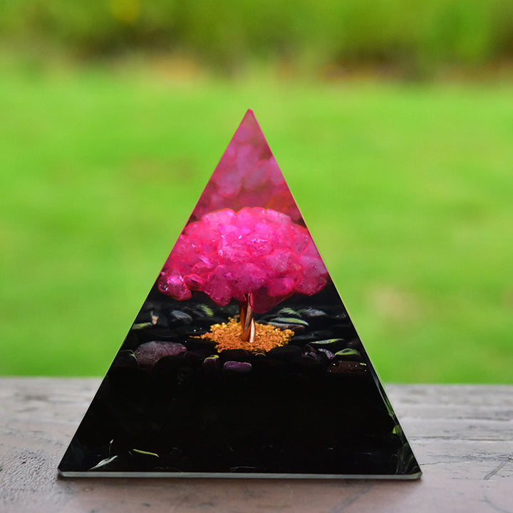 Pyramide d'orgone de guérison en obsidienne Olivenorma avec cristal rose