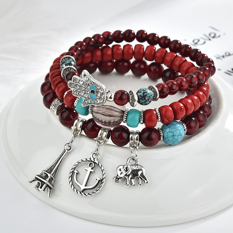 Ensemble de bracelets Hamsa contre le mauvais œil avec la tour de l'éléphant Olivenorma