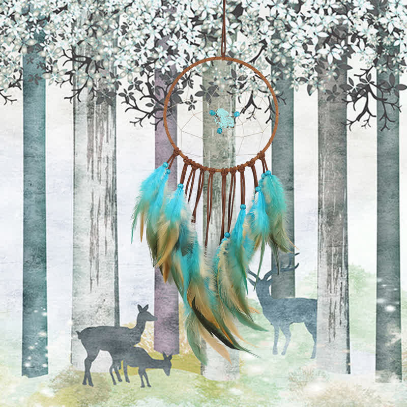 Olivenorma « Dream Knight » – Attrape-rêves en plumes turquoise 