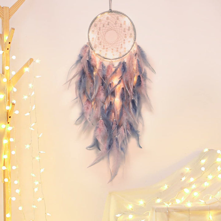Attrape-rêves en plumes fait main avec éclairage LED Olivenorma