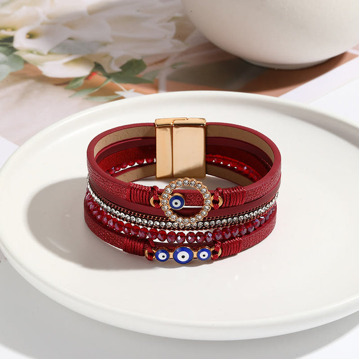 Bracelet large en cuir et métal avec zircon blanc et mauvais œil Olivenorma
