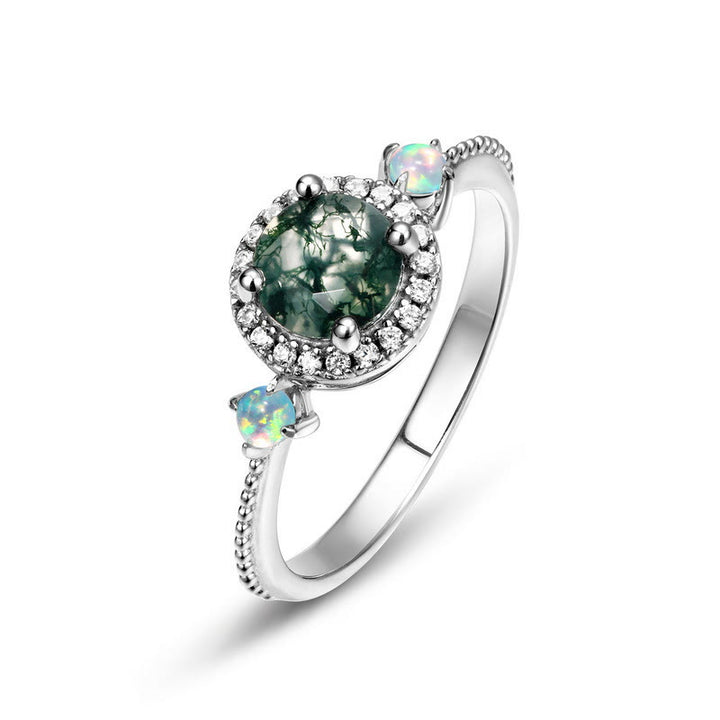 Bague de luxe ronde en agate mousse opale claire Olivenorma