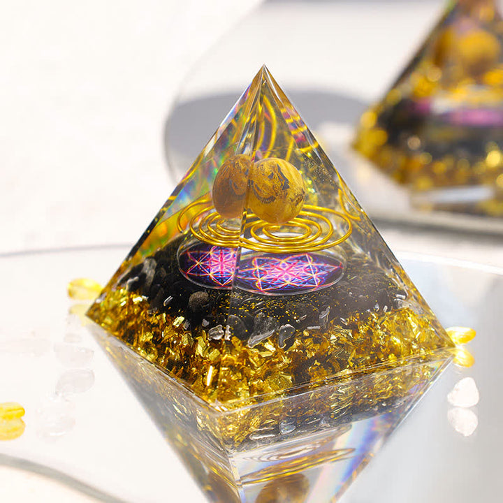 Sphère d'Oeil de Tigre Olivenorma Cube de Métatron Pyramide d'Orgone 