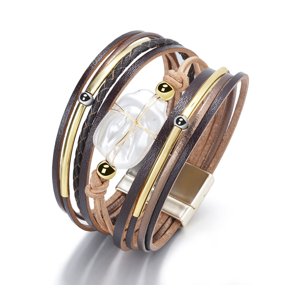 Bracelet en cuir tressé avec perles d'eau douce naturelles Olivenorma
