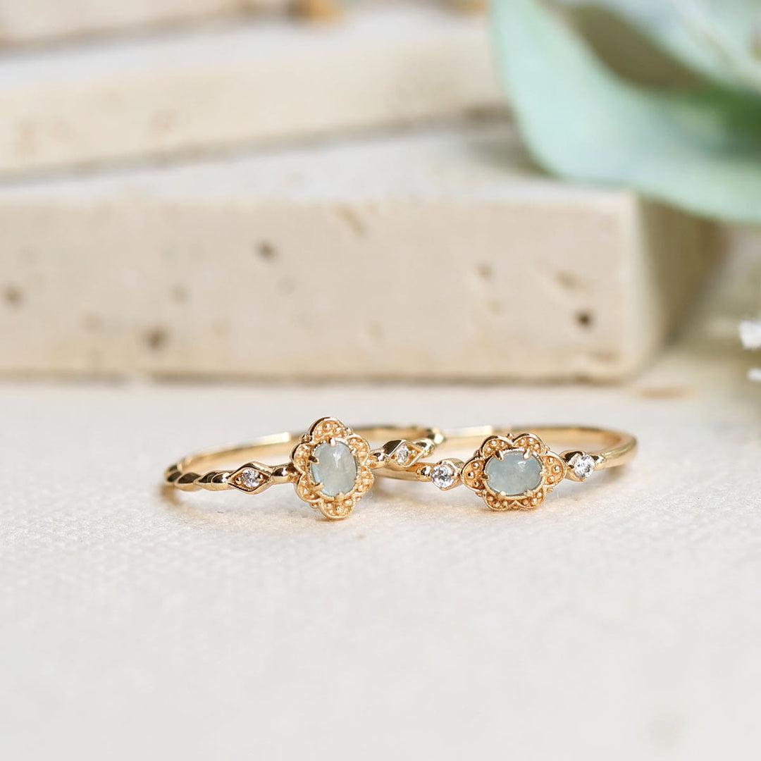 Bague vintage Olivenorma en aigue-marine naturelle et marguerites 
