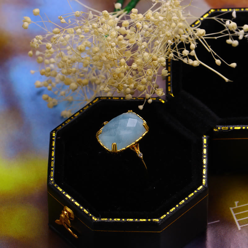 Bague vintage Olivenorma grande aigue-marine carrée en onyx noir