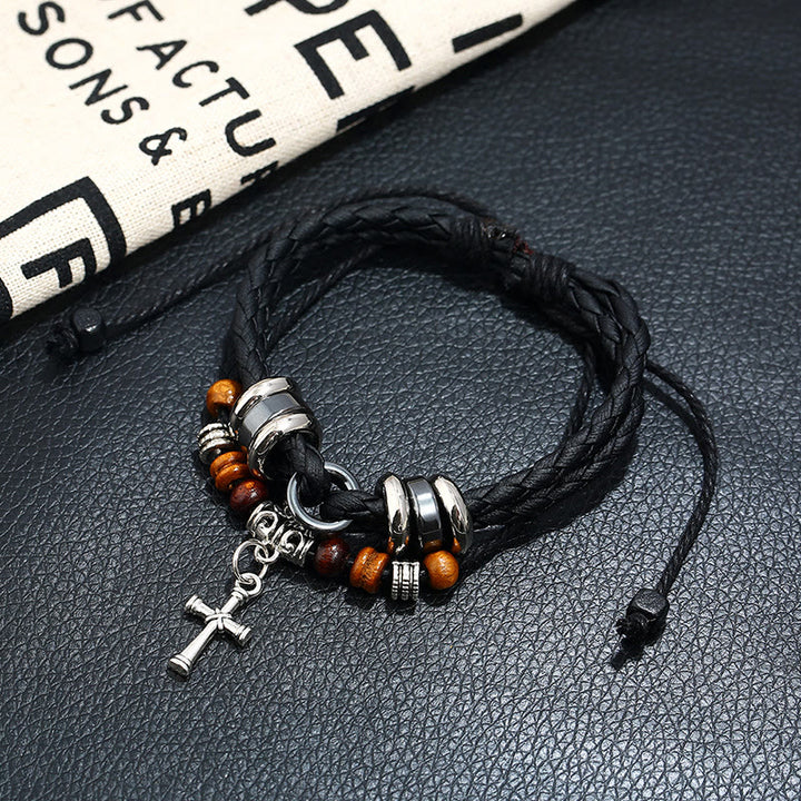 Bracelet en cuir tressé multicouche ajustable Olivenorma