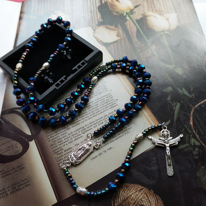 Collier chapelet vintage en labradorite avec croix Olivenorma