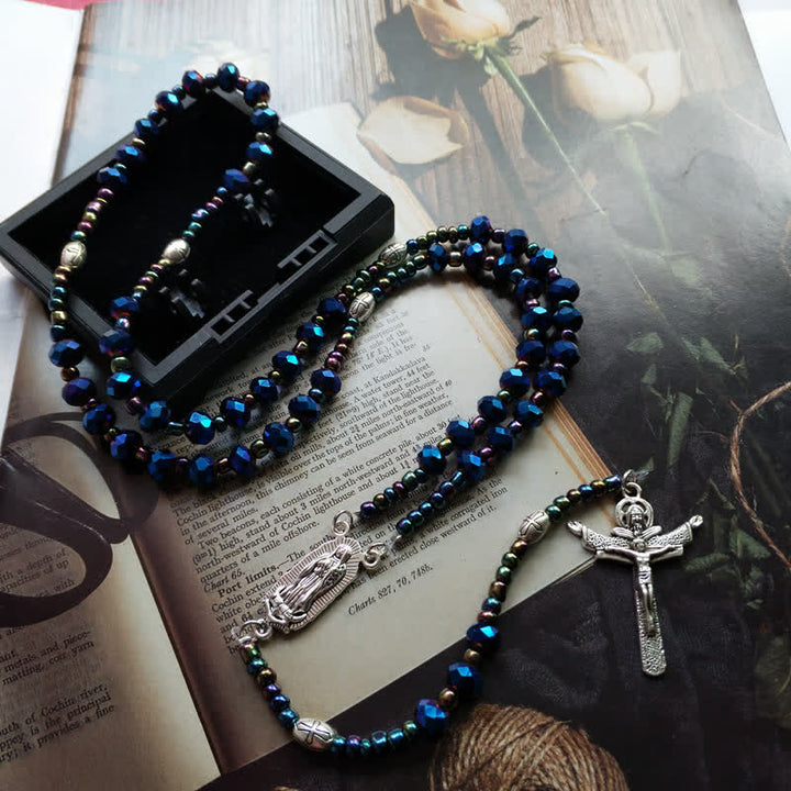 Collier chapelet vintage en labradorite avec croix Olivenorma