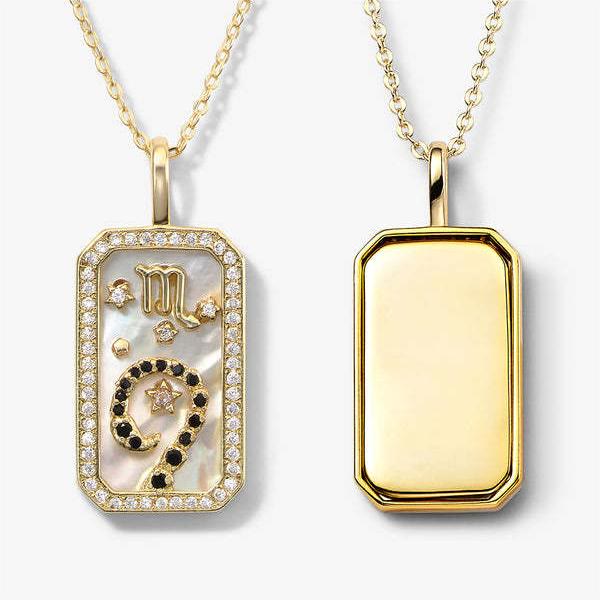 Collier avec plaque signalétique gravée avec 12 signes du zodiaque en zircon blanc Olivenorma 