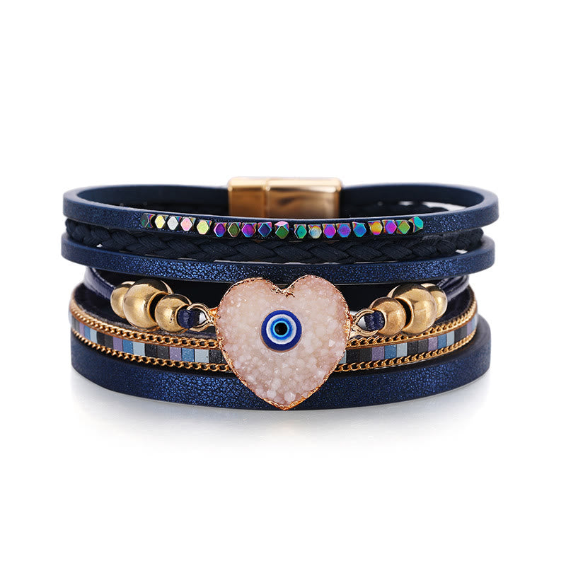 Bracelet Olivenorma « Triple Protection » en forme de cœur avec perles dorées en cristal et mauvais œil