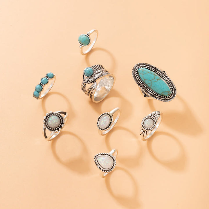Ensemble de 8 bagues en feuille d'éléphant turquoise et opale Olivenorma 