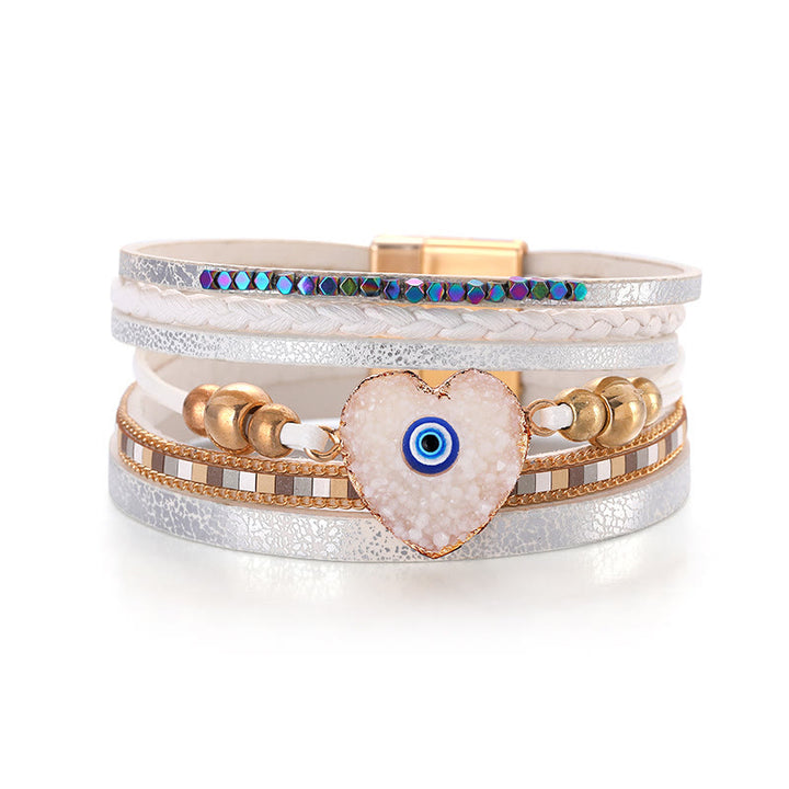 Bracelet Olivenorma « Triple Protection » en forme de cœur avec perles dorées en cristal et mauvais œil