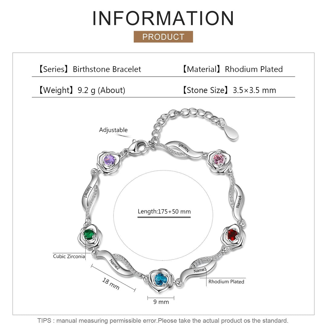 Bracelet à breloques avec pierre de naissance et fleur de rose gravée Olivenorma 