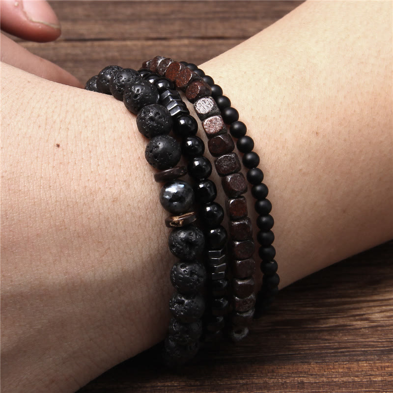 Ensemble de 4 bracelets en pierre volcanique et hématite Olivenorma « Force de la nature »