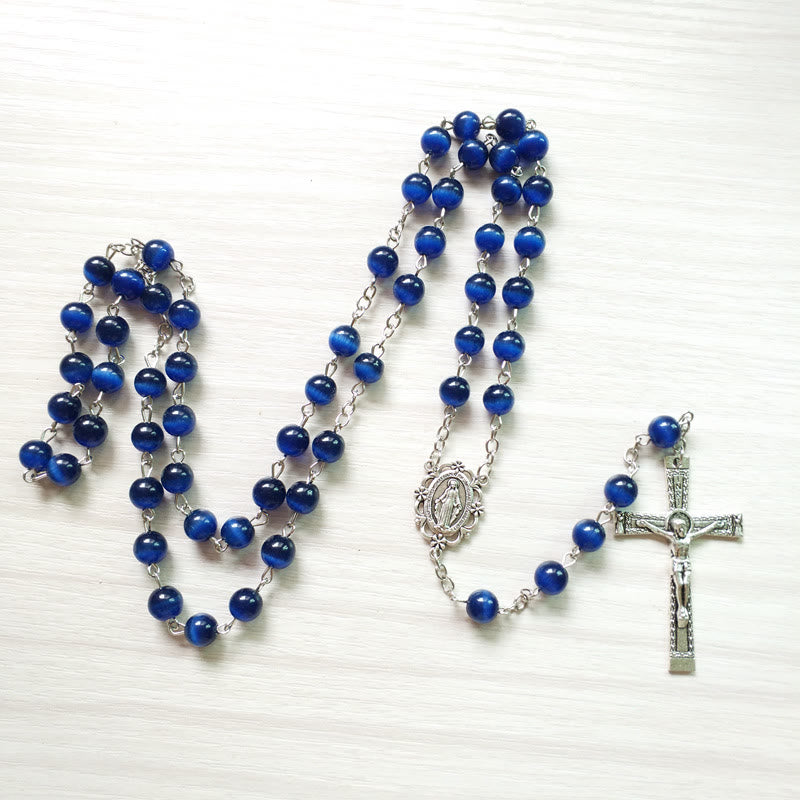 Collier chapelet croix en pierre œil de chat bleu Olivenorma de 8 mm 
