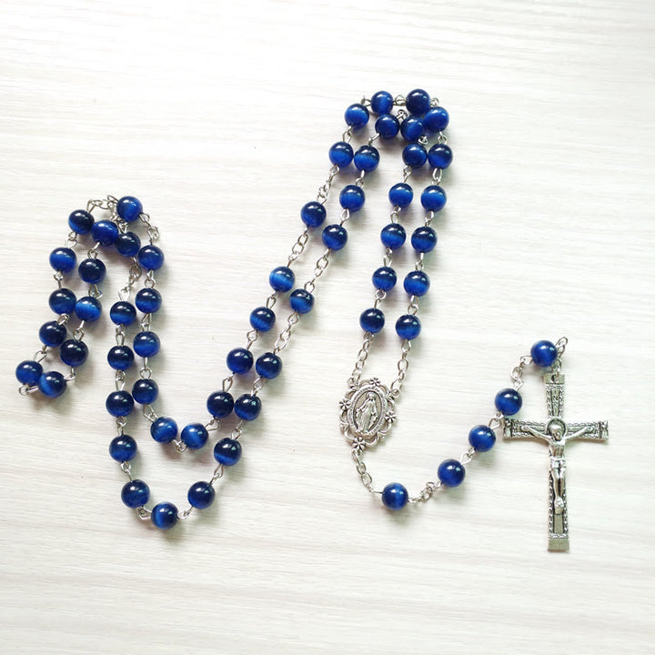 Collier chapelet croix en pierre œil de chat bleu Olivenorma de 8 mm 