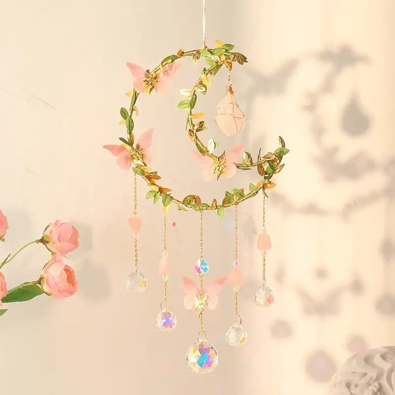 Carillon éolien porte-bonheur en quartz rose avec papillon Olivenorma 