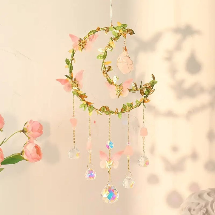 Carillon éolien porte-bonheur en quartz rose avec papillon Olivenorma 