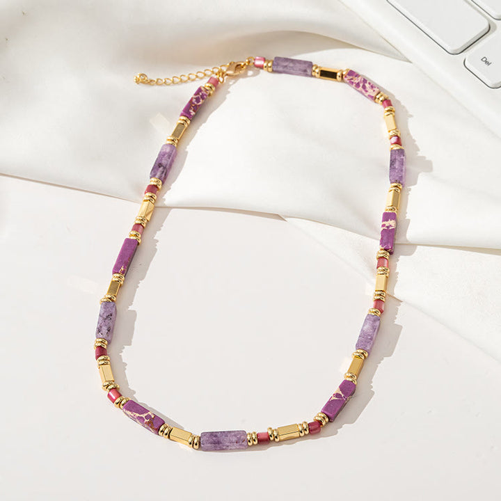 Collier de clavicule en pierre empereur violette et charoïte rectangulaire géométrique Olivenorma 
