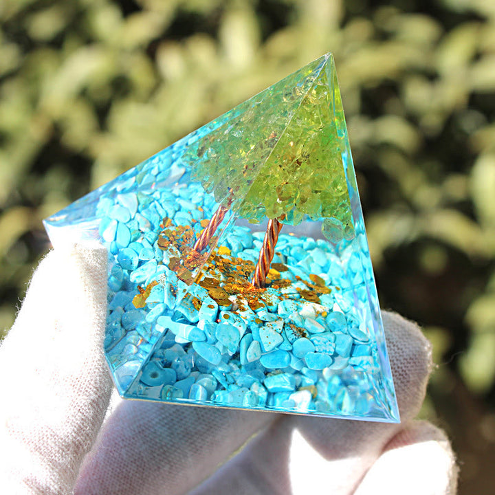 Pyramide d'orgone de l'arbre de vie en amazonite et péridot Olivenorma