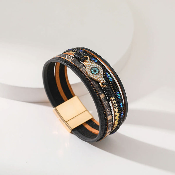 Bracelet Olivenorma en similicuir motif léopard avec zircon et mauvais œil