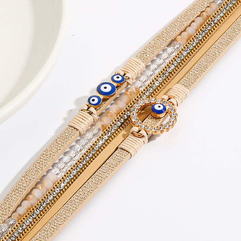 Bracelet large en cuir et métal avec zircon blanc et mauvais œil Olivenorma