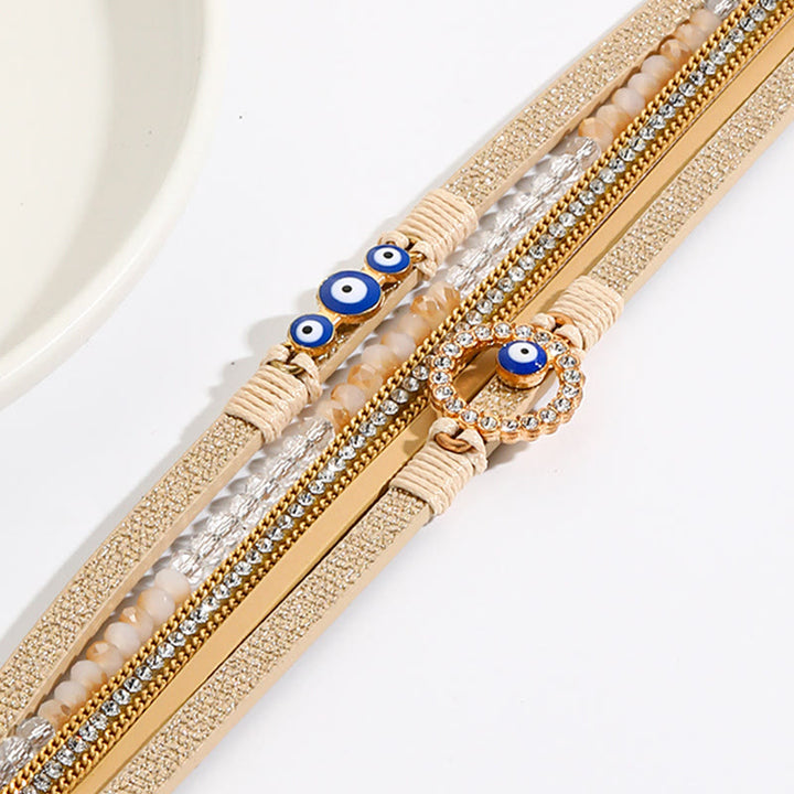Bracelet large en cuir et métal avec zircon blanc et mauvais œil Olivenorma
