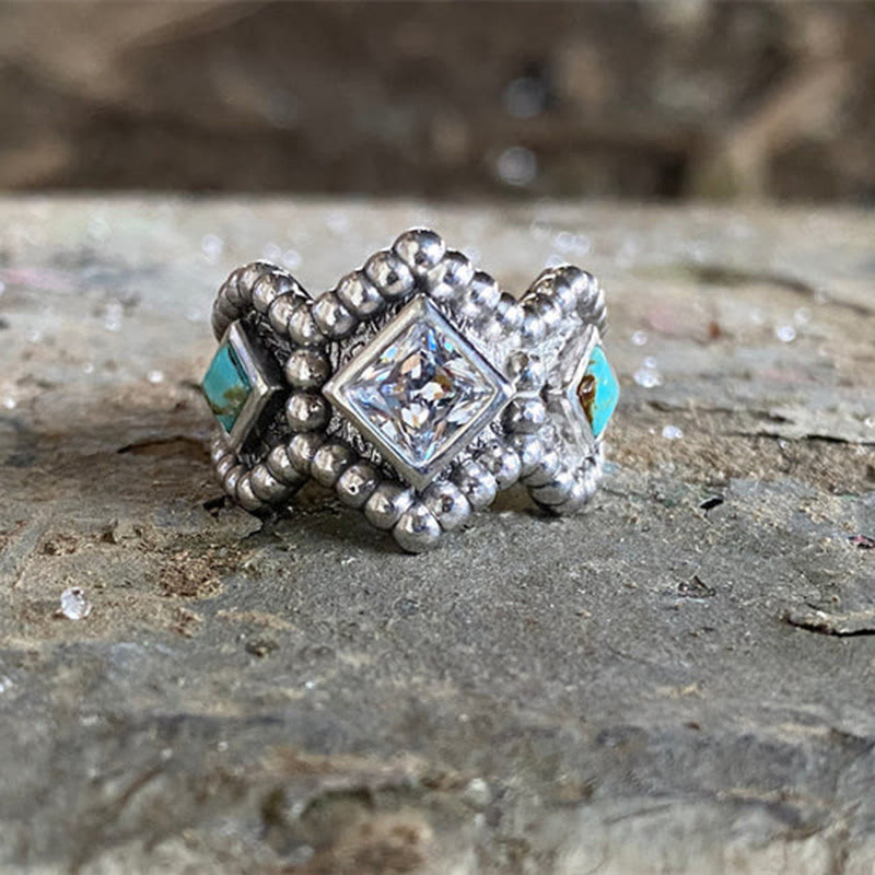 Bague vintage Olivenorma avec incrustation de turquoise et de zircon 
