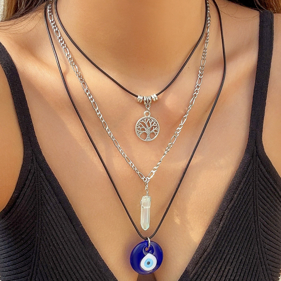 Ensemble de colliers avec pendentif en obsidienne et arbre de vie contre le mauvais œil Olivenorma 