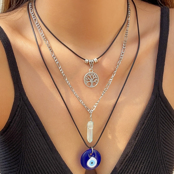 Ensemble de colliers avec pendentif en obsidienne et arbre de vie contre le mauvais œil Olivenorma 