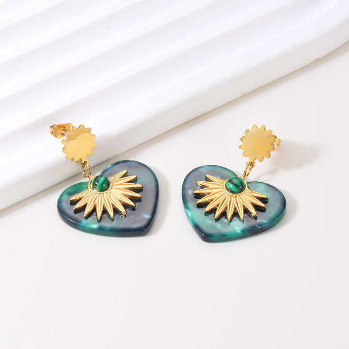 Boucles d'oreilles en forme de cœur en acier inoxydable doré et agate mousse Olivenorma 