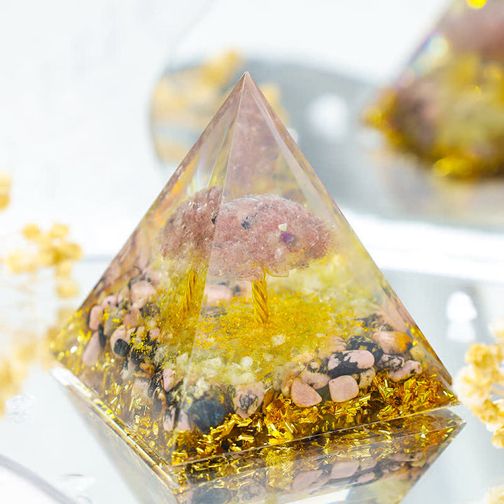 Pyramide d'orgone en quartz fraise Olivenorma avec rhodonite arbre de vie