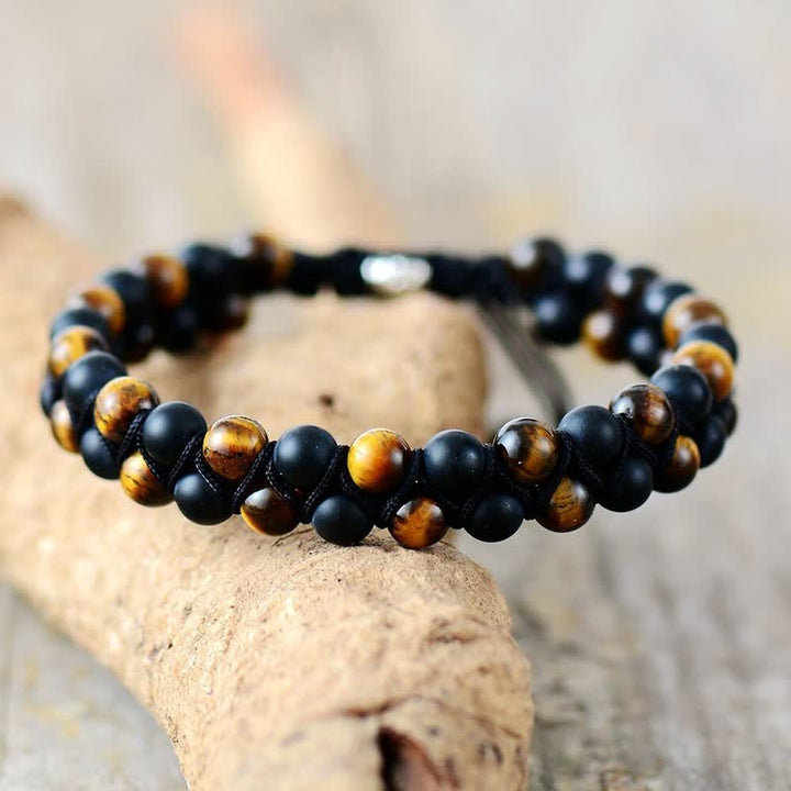 Bracelet tressé en perles d'onyx noir et œil de tigre Olivenorma 