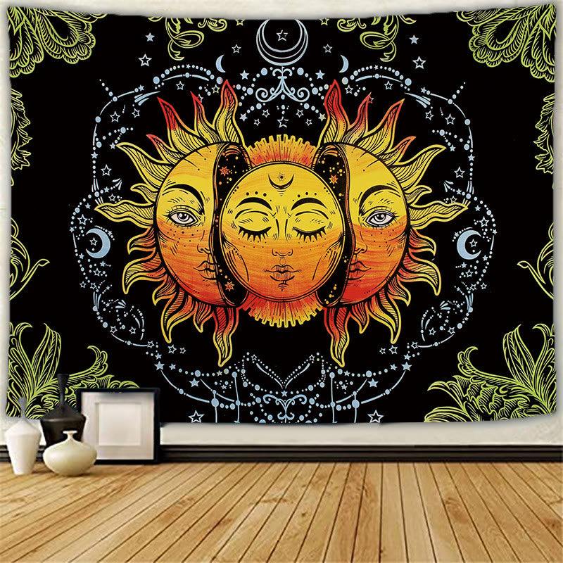 Tapisserie murale de méditation avec tatouage de chat et soleil et lune Olivenorma