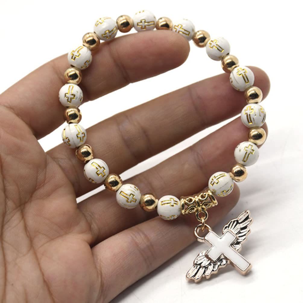 Bracelet en perles de jade blanc avec croix Olivenorma 