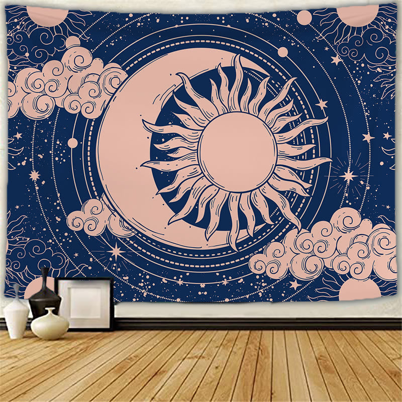 Tapisserie murale de méditation avec tatouage de chat et soleil et lune Olivenorma