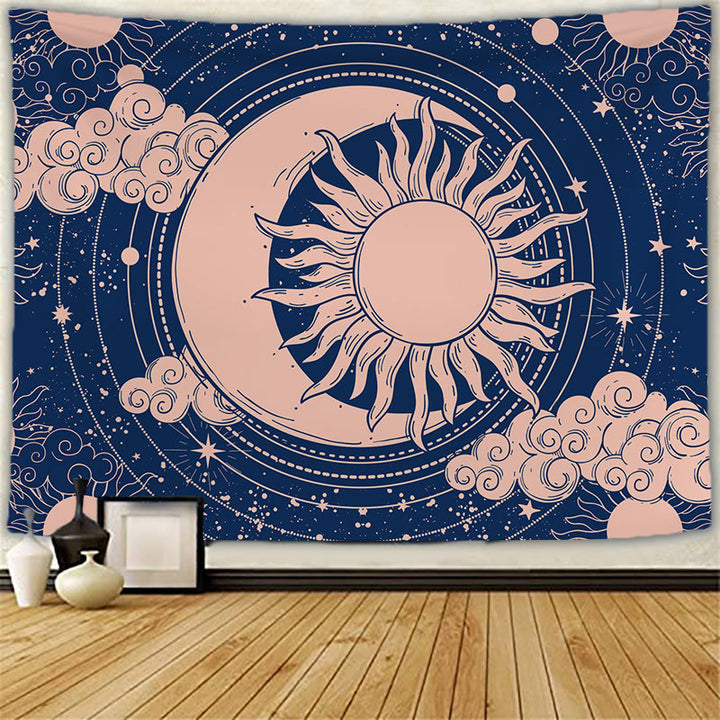 Tapisserie murale de méditation avec tatouage de chat et soleil et lune Olivenorma