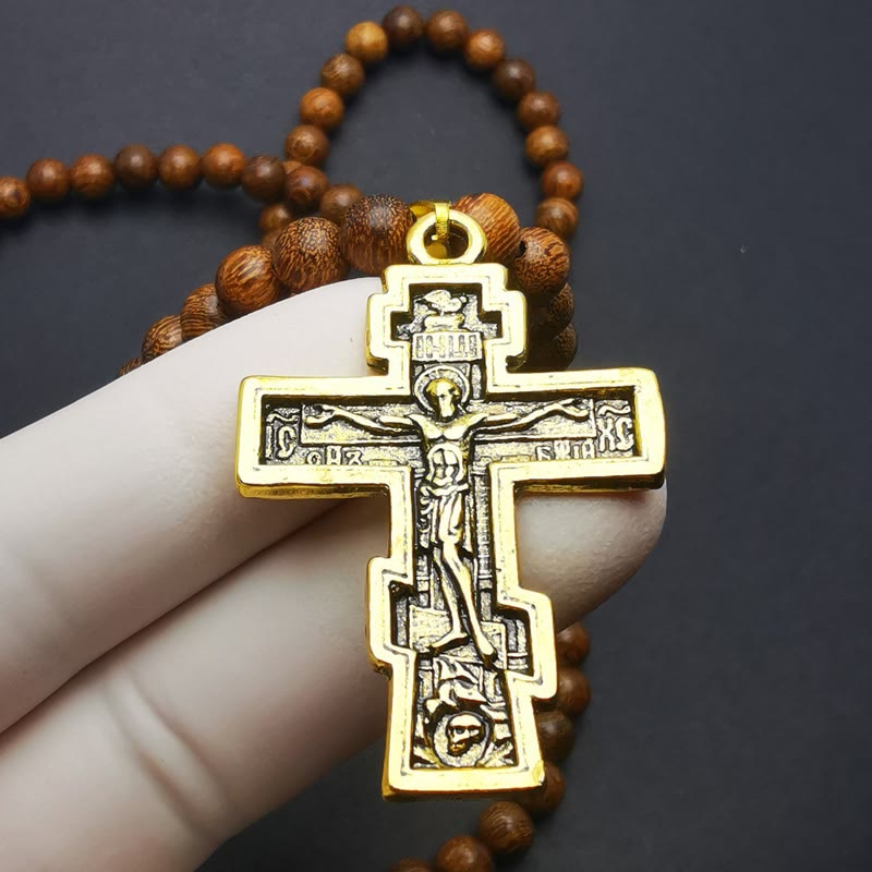 Collier chapelet avec pendentif en croix Olivenorma et perles en bois