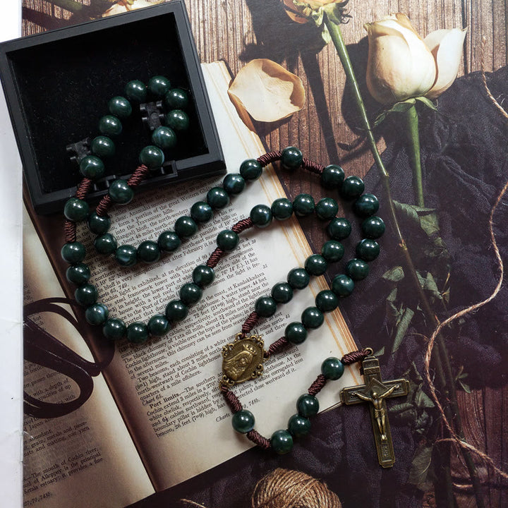 Collier chapelet avec pendentif croix sacrée en agate mousse Olivenorma 