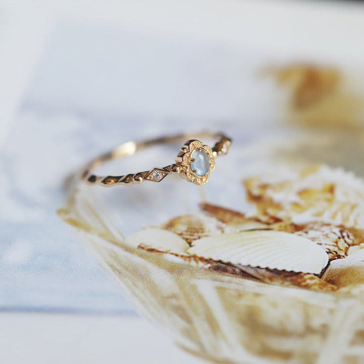 Bague vintage Olivenorma en aigue-marine naturelle et marguerites 