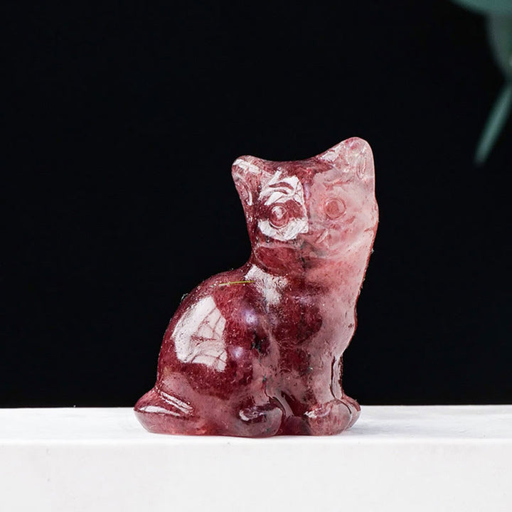 Décoration en pierre précieuse sculptée en forme de chat porte-bonheur en cristal naturel Olivenorma - Quartz fraise - image 4