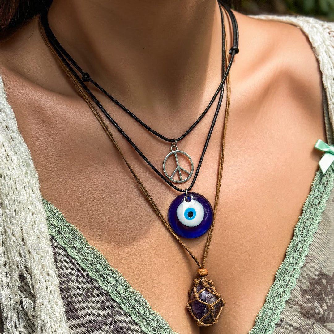 Ensemble de colliers avec pendentif en obsidienne et arbre de vie contre le mauvais œil Olivenorma 