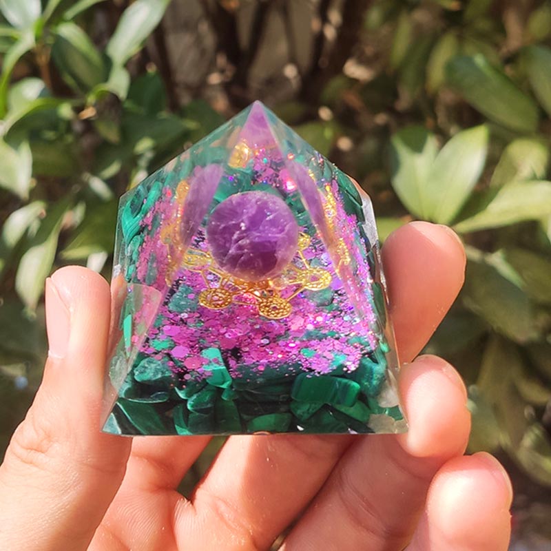 Symbole du cube de Métatron, améthyste Olivenorma, pyramide d'orgone