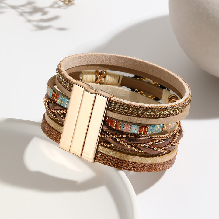 Bracelet large en métal tissé avec perles de riz en zircon Olivenorma