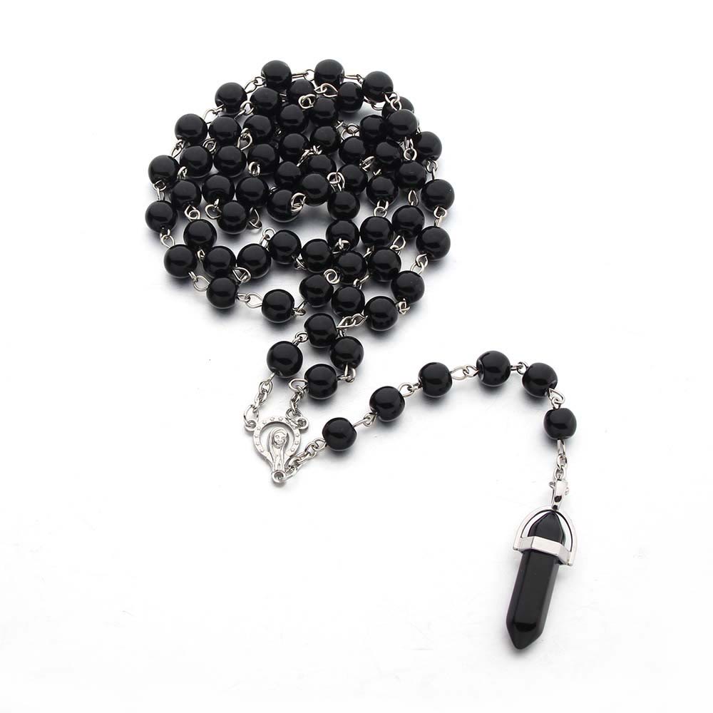 Collier chapelet avec pendentif hexagonal en cristal d'obsidienne chrétienne Olivenorma